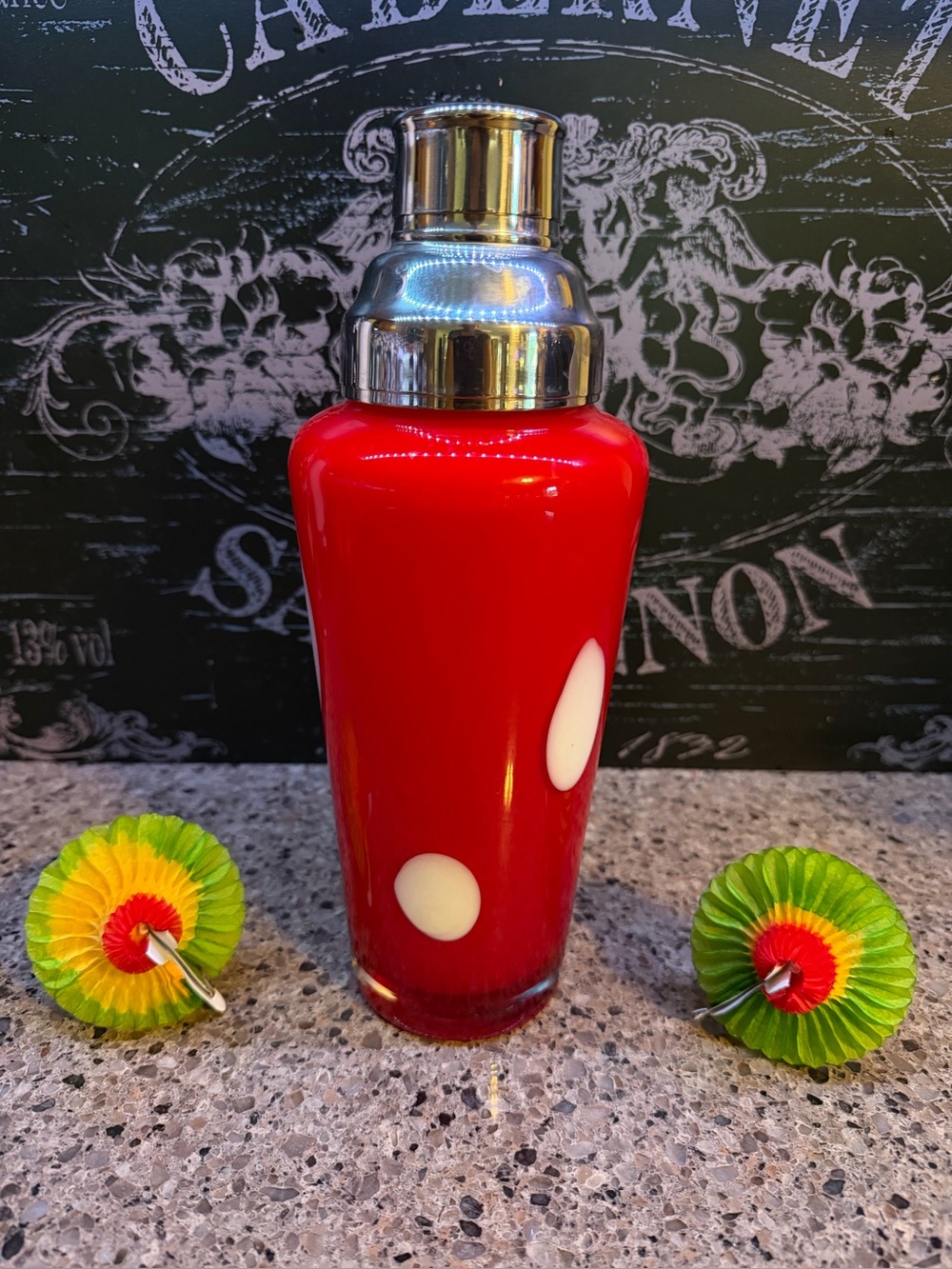 Hand Blown Art Glass Red Polka Dot Cocktail Shaker - Murano Style